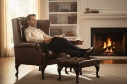 Chesterfield Flat Wing Chair + Footstool Antique Rust Leather In Mallory Style - thumbnail 3
