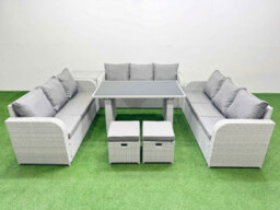 Fimous Patio Garden Furniture Sets With Black Glass Top Dining Table 3 Seater Sofa Side Table 2 Small Stool Light Grey - thumbnail 2