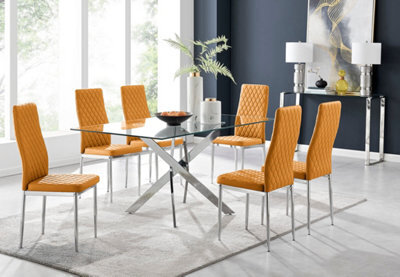 Furniturebox Leonardo 6 Seat Rectangular Glass Dining Table With Silver Metal Leg & 6 Mustard Milan Faux Leather Silver Leg Chairs - image 1