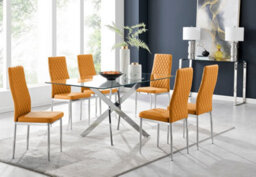 Furniturebox Leonardo 6 Seat Rectangular Glass Dining Table With Silver Metal Leg & 6 Mustard Milan Faux Leather Silver Leg Chairs