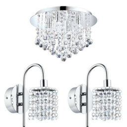 Stylish Low Ceiling Light With Matching Chrome And Crystal Wall Lights For Modern Bathrooms - thumbnail 1