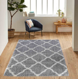 Moroccan Berber Shaggy Rugs Living Room Bold Trellis Grey 80X150 Cm - thumbnail 2