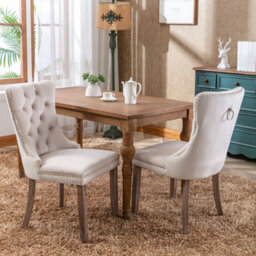 HomeTouch Taylor Set Of 2 Beige Lux Velvet Kitchen Dining Chairs With Pull Knocker Ring - thumbnail 2