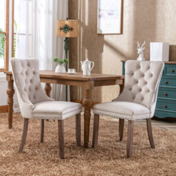 HomeTouch Taylor Set Of 2 Beige Lux Velvet Kitchen Dining Chairs With Pull Knocker Ring