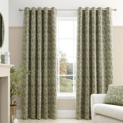 Bianca Fine Linens Chenille Leaves 90X90 Inch Lined Eyelet Curtains Two Panels Green - image 1
