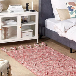 Wyld And Coco Bohonest Hand-Tufted Cotton Area Rug 80 X 150 Cm, Red And White Geometric Design With Tassels - thumbnail 2