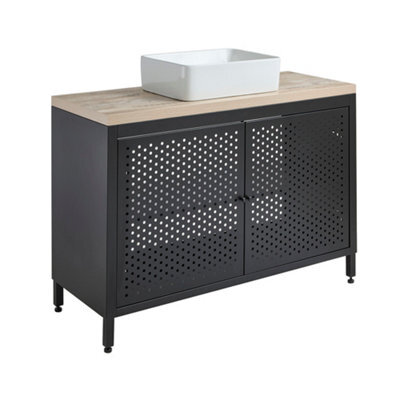Homestylestore 1200mm Black Metal Floorstanding Bathroom Vanity Unit Light Oak Countertop And Rectangular Basin - image 1
