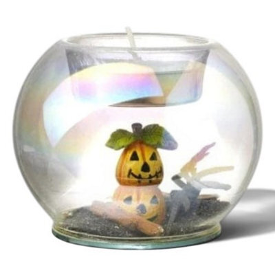Heaven Sends Encase Holographic Tinted Glass Tea Light Holder With Pumpkins, Glitter Spider And Metal Bat - 10.5 X 5 X 5 Cm