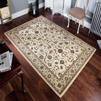 Persian Easy To Clean Bordered Floral Cream Traditional Rug For Dining Room-80Cm X 140Cm - image 1