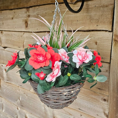 Best Artificial Pink & Red Azalea Flower With Rattan Wicker Hanging Basket For Indoor Or Outdoor Use - image 1