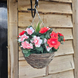 Best Artificial Pink & Red Azalea Flower With Rattan Wicker Hanging Basket For Indoor Or Outdoor Use - thumbnail 3