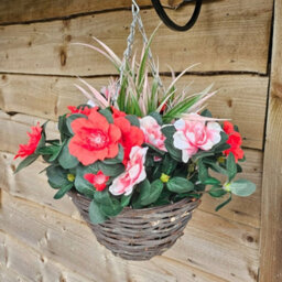 Best Artificial Pink & Red Azalea Flower With Rattan Wicker Hanging Basket For Indoor Or Outdoor Use