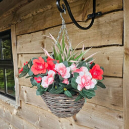 Best Artificial Pink & Red Azalea Flower With Rattan Wicker Hanging Basket For Indoor Or Outdoor Use - thumbnail 2