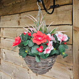 Best Artificial Pink & Red Azalea Flower With Rattan Wicker Hanging Basket For Indoor Or Outdoor Use - thumbnail 5