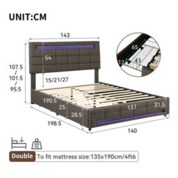 Abrihome Double Upholstered Bed With Led Lighting And Storage Drawers, Adjustable Button Tufted Headboard, Grey (No Mattress) - thumbnail 3