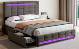 Abrihome Double Upholstered Bed With Led Lighting And Storage Drawers, Adjustable Button Tufted Headboard, Grey (No Mattress) - thumbnail 2