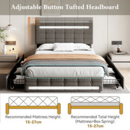 Abrihome Double Upholstered Bed With Led Lighting And Storage Drawers, Adjustable Button Tufted Headboard, Grey (No Mattress) - thumbnail 7