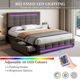Abrihome Double Upholstered Bed With Led Lighting And Storage Drawers, Adjustable Button Tufted Headboard, Grey (No Mattress) - thumbnail 6