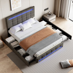 Abrihome Double Upholstered Bed With Led Lighting And Storage Drawers, Adjustable Button Tufted Headboard, Grey (No Mattress) - thumbnail 1