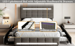 Abrihome Double Upholstered Bed With Led Lighting And Storage Drawers, Adjustable Button Tufted Headboard, Grey (No Mattress) - thumbnail 5