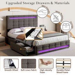 Abrihome Double Upholstered Bed With Led Lighting And Storage Drawers, Adjustable Button Tufted Headboard, Grey (No Mattress) - thumbnail 4