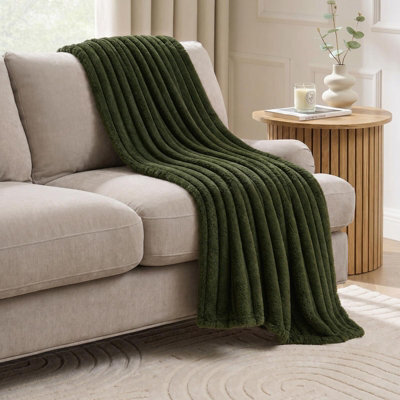 Ohs Faux Fur Ribbed Fleece Throw Blanket Winter Warm Supersoft - 125 X 150Cm - Woodland Green - image 1