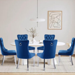 HomeTouch Set Of 6 Lux Velvet Dining Chairs With Steel Legs And Pull Knocker Back Tufted Kitchen Chairs Home Office Accent Chairs Blue - thumbnail 2