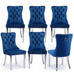 HomeTouch Set Of 6 Lux Velvet Dining Chairs With Steel Legs And Pull Knocker Back Tufted Kitchen Chairs Home Office Accent Chairs Blue
