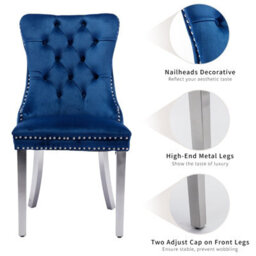 HomeTouch Set Of 6 Lux Velvet Dining Chairs With Steel Legs And Pull Knocker Back Tufted Kitchen Chairs Home Office Accent Chairs Blue - thumbnail 8