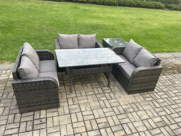 Fimous Wicker Pe Rattan Sofa Outdoor Garden Furniture Set With Rectangular Dining Table Side Table Dark Grey Mixed - thumbnail 2