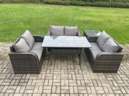 Fimous Wicker Pe Rattan Sofa Outdoor Garden Furniture Set With Rectangular Dining Table Side Table Dark Grey Mixed - thumbnail 1