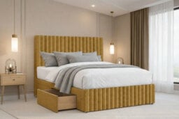 "Nexus Verona Plush Divan, Mustard, 26"" Hb + 12"" Fb, 4 Drawers, Open Coil Mattress, Small Double" - thumbnail 1
