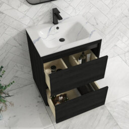 Royal Bathrooms Orion 600mm Floor Standing Bathroom Vanity Unit 2 Drawer Hale Black With Carrara White Basin & Chrome Accent Trim - thumbnail 5