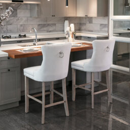 HomeTouch Set Of 2 Velvet Bar Stools Kitchen Breakfast Barstools With Wooden Legs Bar Chairs For Counter Beige - thumbnail 3