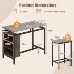 Costway 3 Pcs Dining Table Set Counter-Height Bar Table & 2 Stools W/ 3 Tier Shelves - thumbnail 2