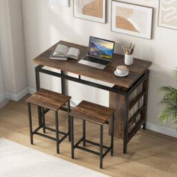 Costway 3 Pcs Dining Table Set Counter-Height Bar Table & 2 Stools W/ 3 Tier Shelves - thumbnail 4