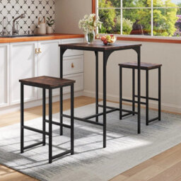 3Pcs Set Dining Table And 2 Chairs Kitchen Bar Table And 2 Stools Metal Frame - thumbnail 3