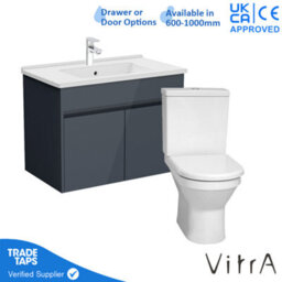 Vitra 800mm Wall Hung Bathroom Vanity Unit With 2 Doors Includes Basin, Chrome Tap And Close Coupled Toilet Set - Grey Gloss - thumbnail 1
