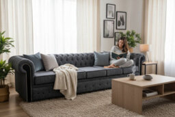 Chesterfield 5 Seater Sofa Settee Carlton Charcoal And Black Fabric In Classic Style - thumbnail 3