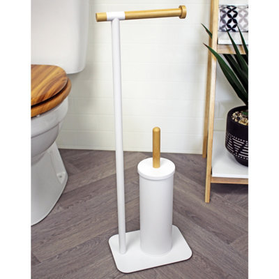 Showerdrape Sonata White & Bamboo Toilet Roll Holder & Toilet Brush Combination - image 1