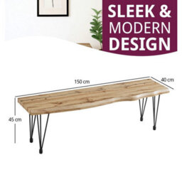 Dining Bench, Live Edge Effect Wooden Bench, 150Cm Kitchen Bench With Metal Legs - thumbnail 2