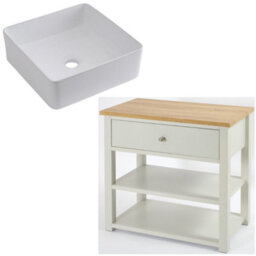 Homestylestore 840mm Antique White And Oak Bathroom Vanity Unit With Square Countertop Basin And Chrome Round Handles - thumbnail 1