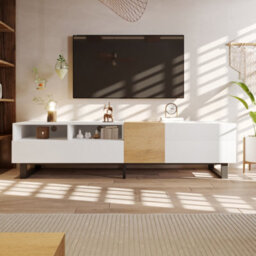 Matteo Modern Tv Unit, White & Oak Effect, 180Cm Wide, Storage With Soft-Close Doors, Minimalist Design - thumbnail 1