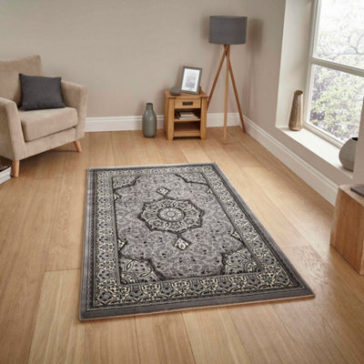 Silver Traditional Easy To Clean Bordered Floral Rug For Dining Room-80Cm X 140Cm - image 1