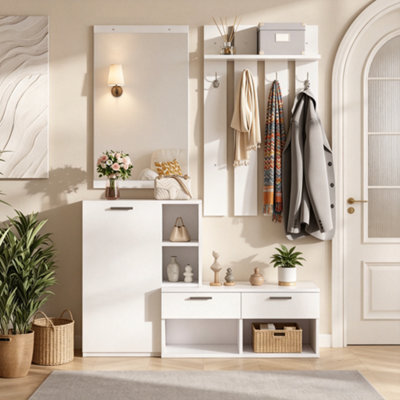 White Hallway Wardrobe With Mirror, Shoe Storage & Drawers, 120Cm - image 1