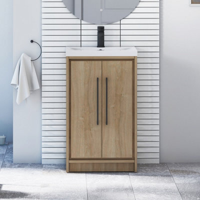 Royal Bathrooms Livora 500mm Natural Oak Floor Standing Vanity Cloakroom Unit 2 Door With Mid-Edge Basin & Matt Black Handle - image 1
