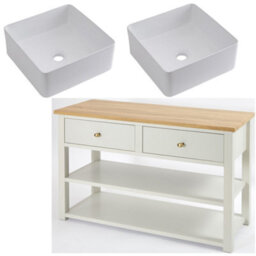 Homestylestore 1215mm Antique White And Oak Bathroom Vanity Unit With Square Countertop Basins And Gold Round Handles