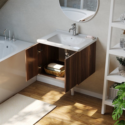 Living And Home Walnut Bathroom Vanity Unit With Integrated Ceramic Basin & Storage Shelf - image 1