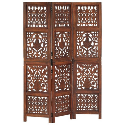 Vidaxl Hand Carved 3-Panel Room Divider Brown 120X165 Cm Solid Mango Wood Room Dividers - image 1