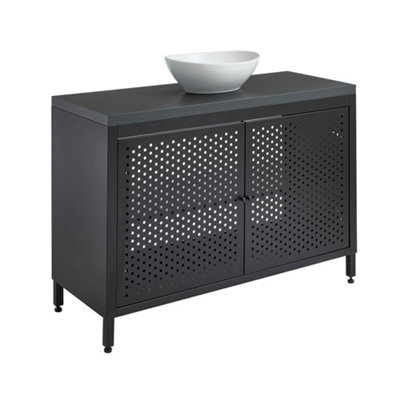 Homestylestore 1200mm Black Metal Floorstanding Bathroom Vanity Unit Black Grey Countertop And Oval Chalk Basin - image 1